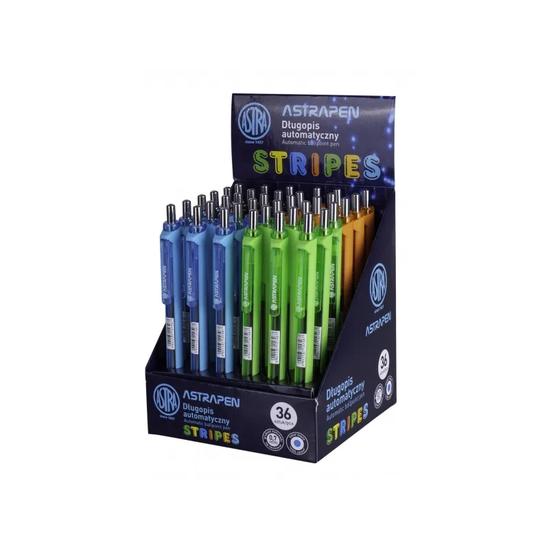 ASTRA STRIPES, Guľôčkové pero 0,7mm, modré, stojan, mix farieb, 201121003