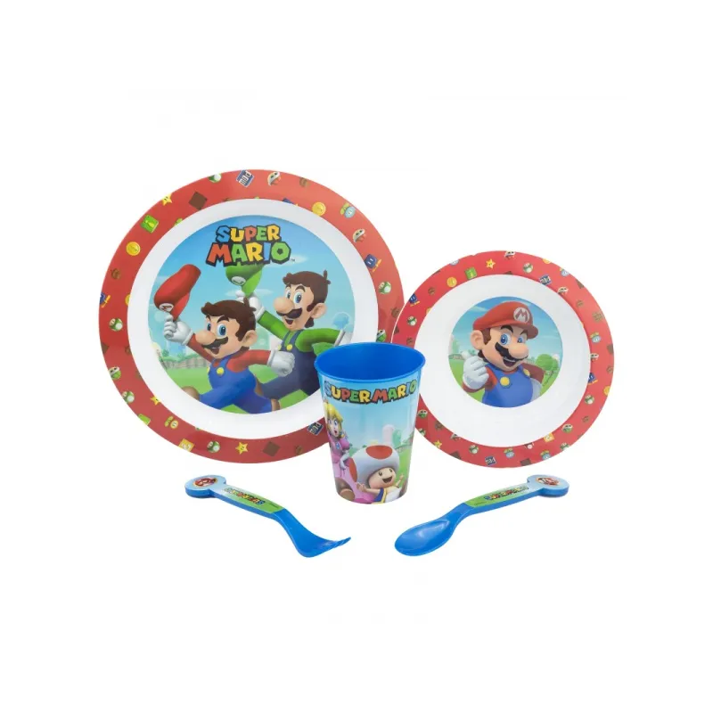 Detský plastový riad Super Mario (tanier, miska, pohár, príbor), 75250