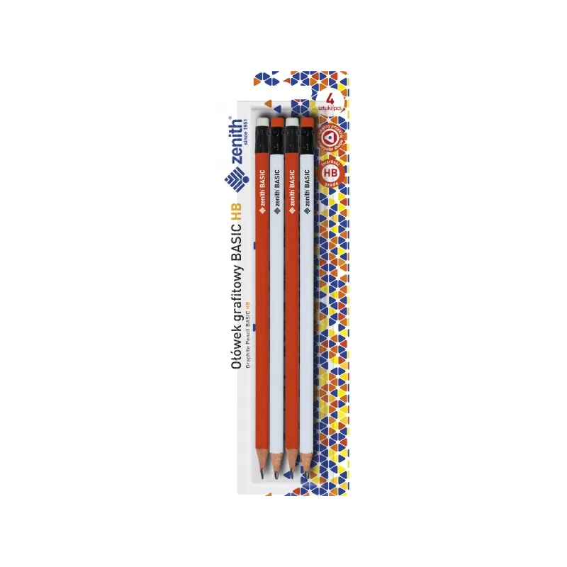 ZENITH Basic, 4ks Obyčajná HB ceruzka s gumou, blister, 206315004