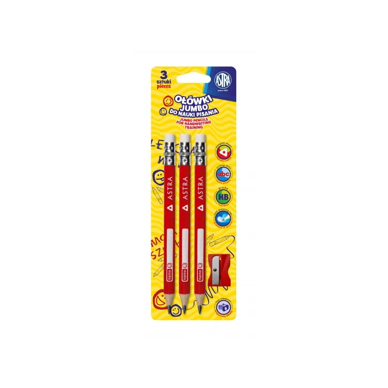 ASTRA, Ceruzka na nácvik písania JUMBO 3ks + strúhadlo, blister, 206119005
