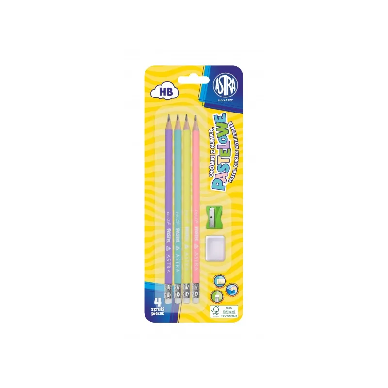 ASTRA Pastel, 4x obyčejná HB tužka s měřítkem a gumou, ořezávátko + guma, blistr, 206120007