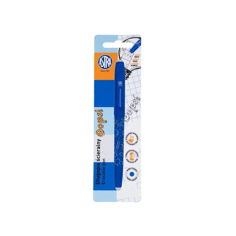 Gumovateľné pero OOPS! 0,6mm, modré, dve gumy, blister, 201319002