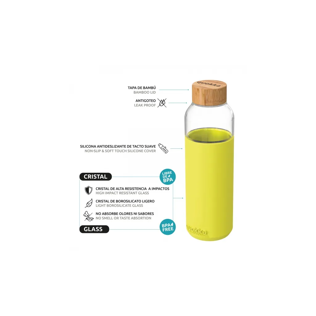 Quokka Flow, Sklenená fľaša so silikónovým povrchom Neon Green, 660ml, 40009
