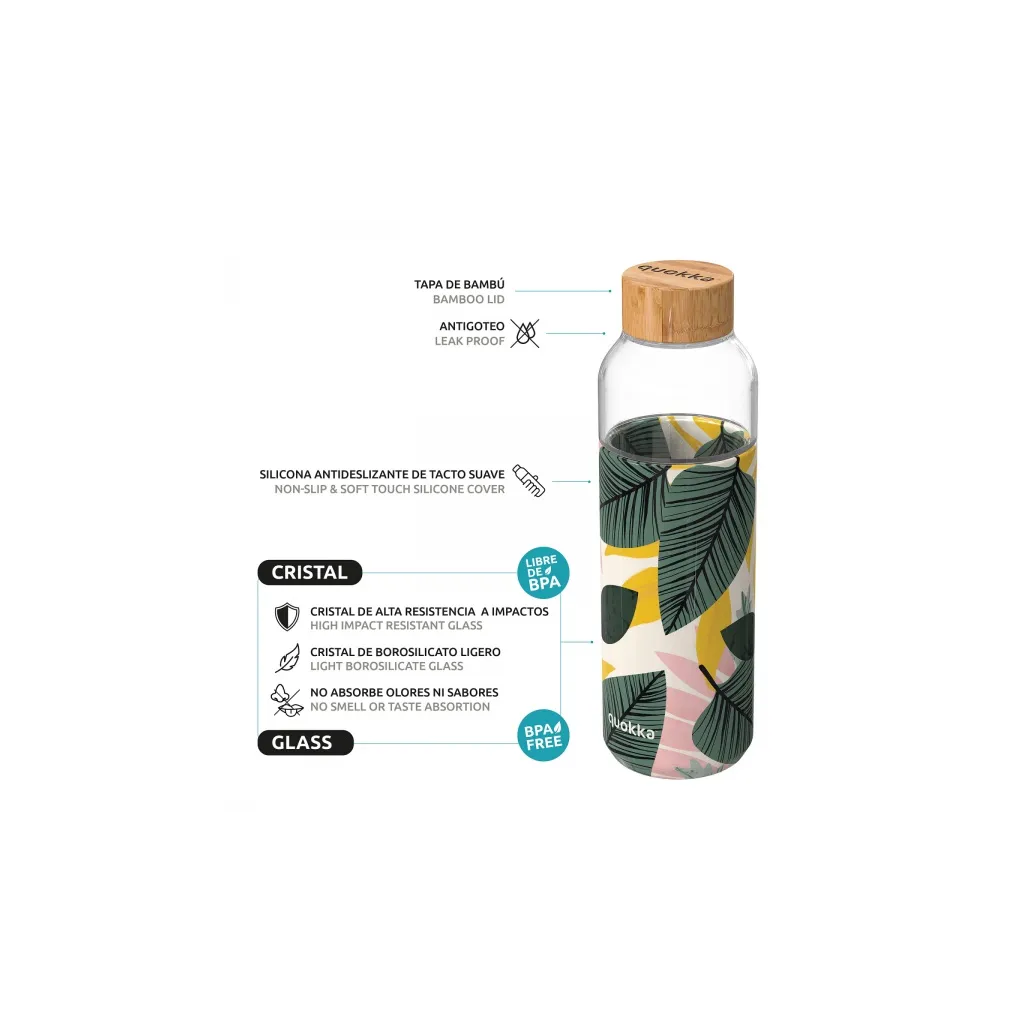 Quokka Flow, Skleněná láhev se silikonovým povrchem AUTUMN LEAVES, 660ml, 40001