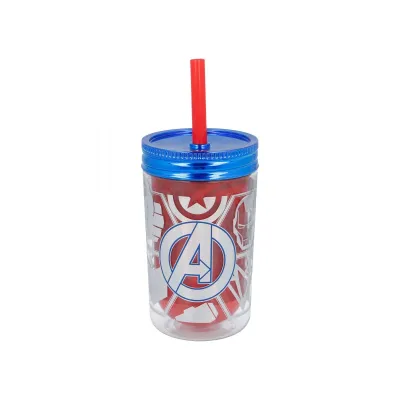 Plastová termo sklenička se šroubovacím víčkem a brčkem AVENGERS, 370ml, 13223