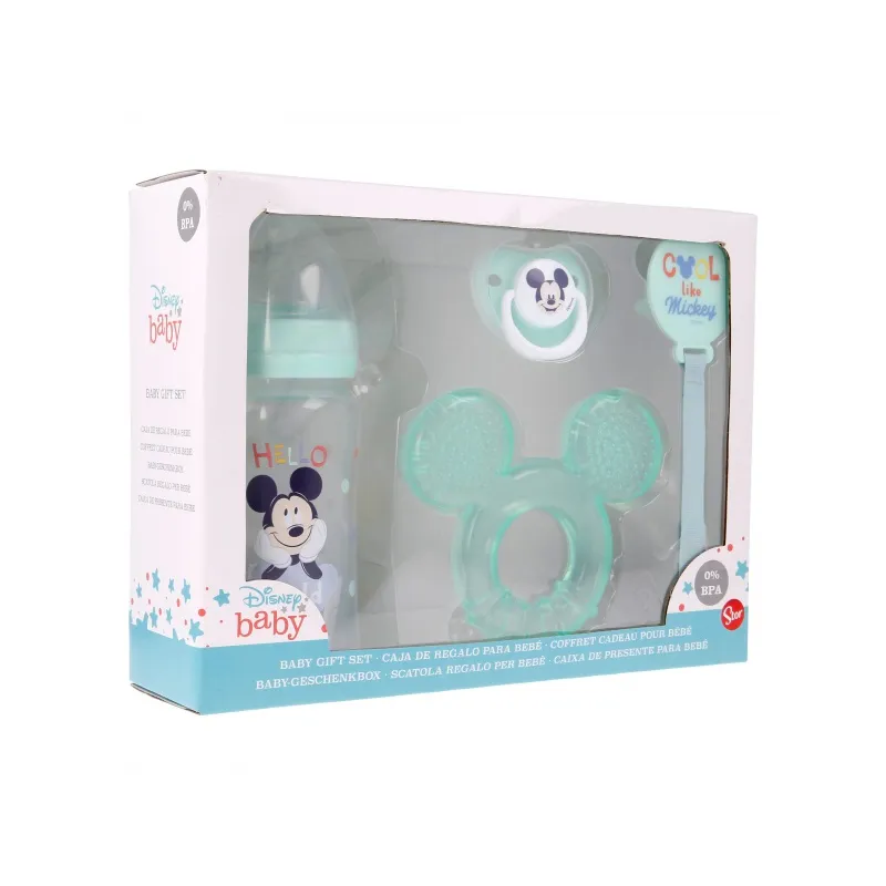 DISNEY BABY 4 dielny darčekový set  MICKEY MOUSE (fľaša, hryzátko, cumlík a držiak), 13008