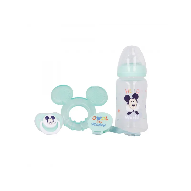 DISNEY BABY 4 dielny darčekový set  MICKEY MOUSE (fľaša, hryzátko, cumlík a držiak), 13008