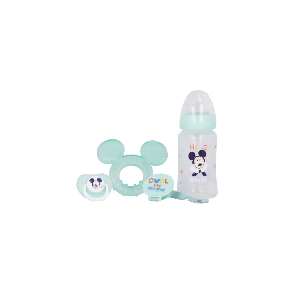DISNEY BABY 4 dielny darčekový set  MICKEY MOUSE (fľaša, hryzátko, cumlík a držiak), 13008