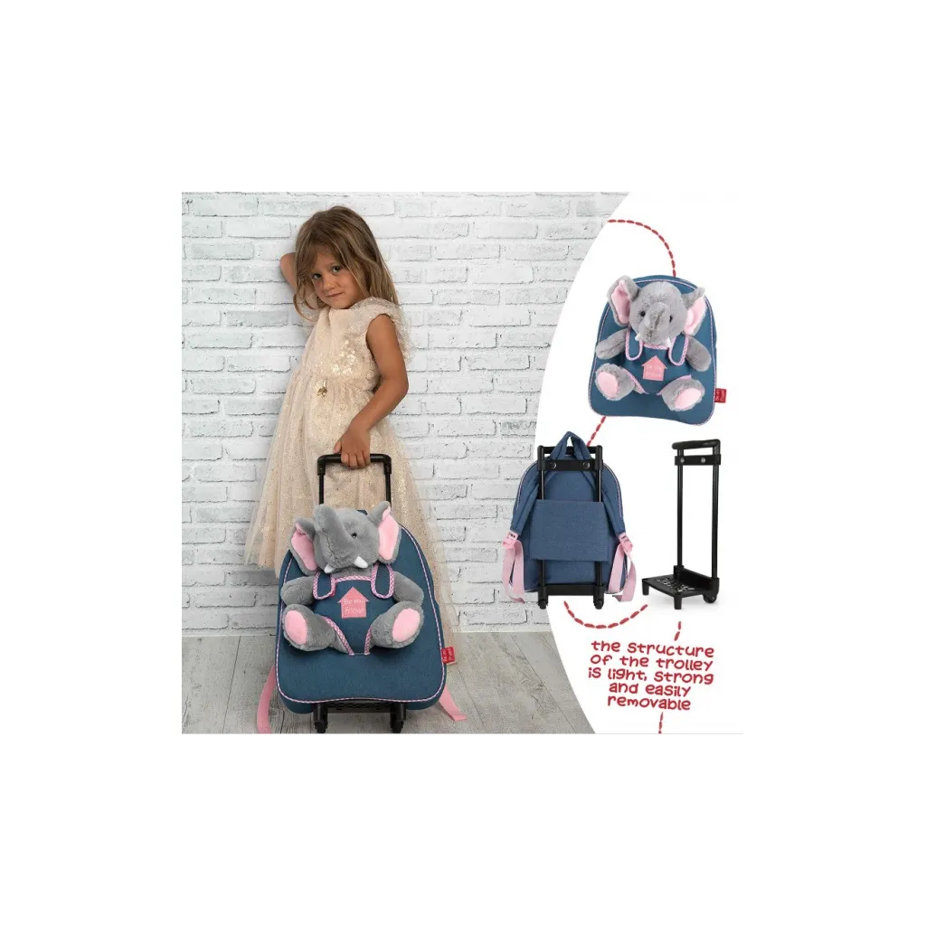 BE MY FRIEND, Dětský denimový batoh na kolečkách s odnímatelnou hračkou ELEFANTE, 13033