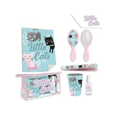 Dětský cestovní kosmetický set (kartáč, pouzdro, sklenice, ručník, spray) LITTLE CATS, KL10736
