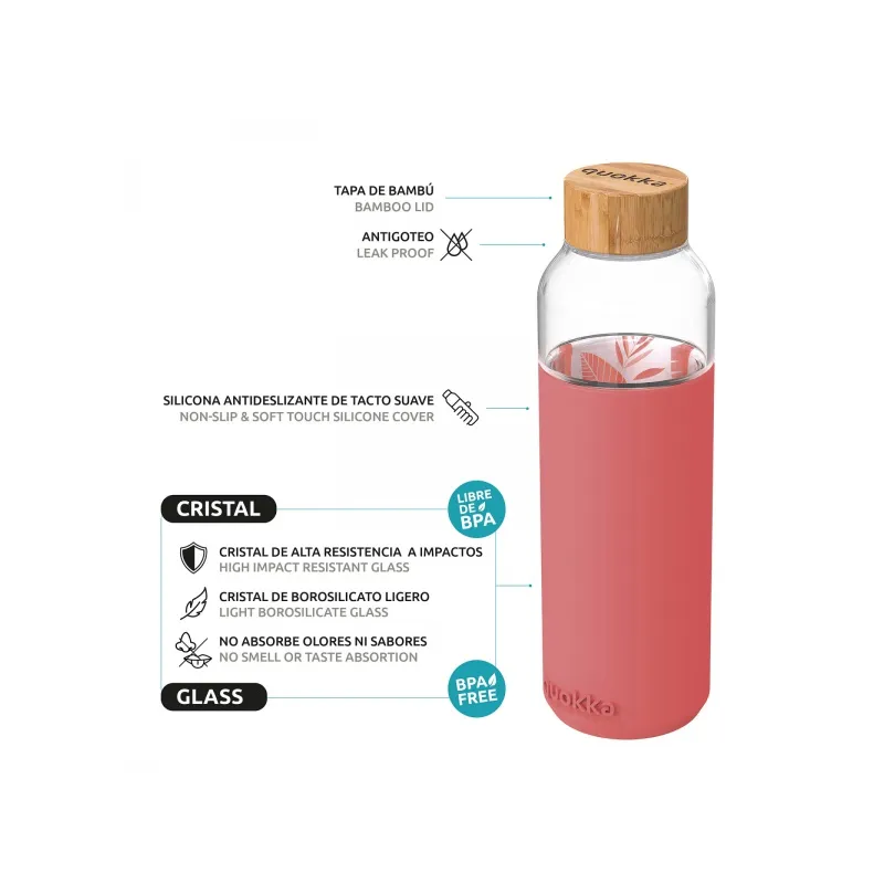 Quokka Flow, Sklenená fľaša so silikónovým povrchom PINK BOTANICAL, 660ml, 40006