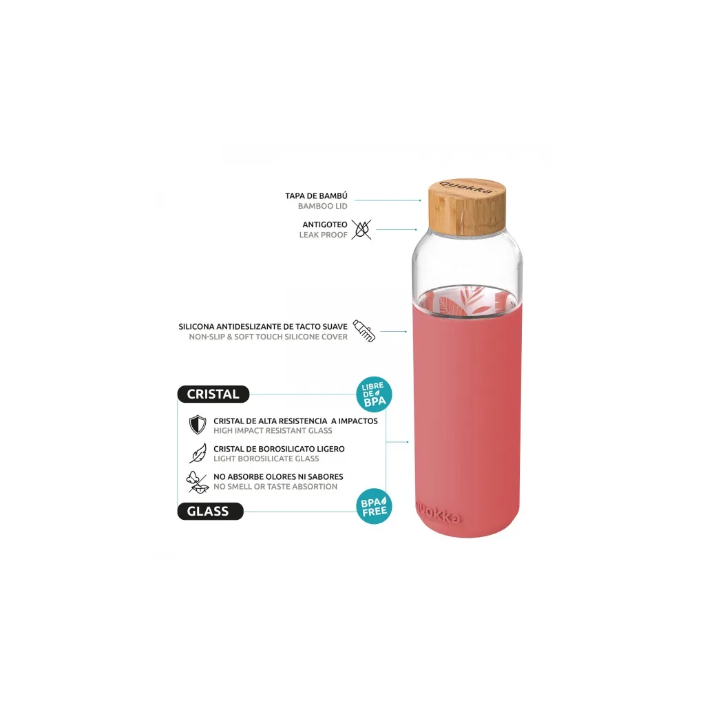 Quokka Flow, Skleněná láhev se silikonovým povrchem PINK BOTANICAL, 660ml, 40006