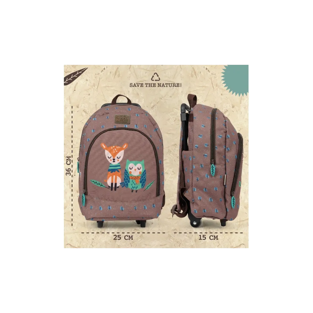 Detský batoh na kolieskach Perletti Green Owl & Fawn, ekologický, odnímateľný vozík