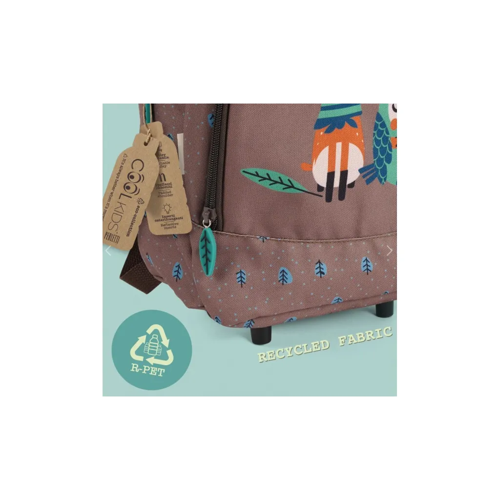 Detský batoh na kolieskach Perletti Green Owl & Fawn, ekologický, odnímateľný vozík