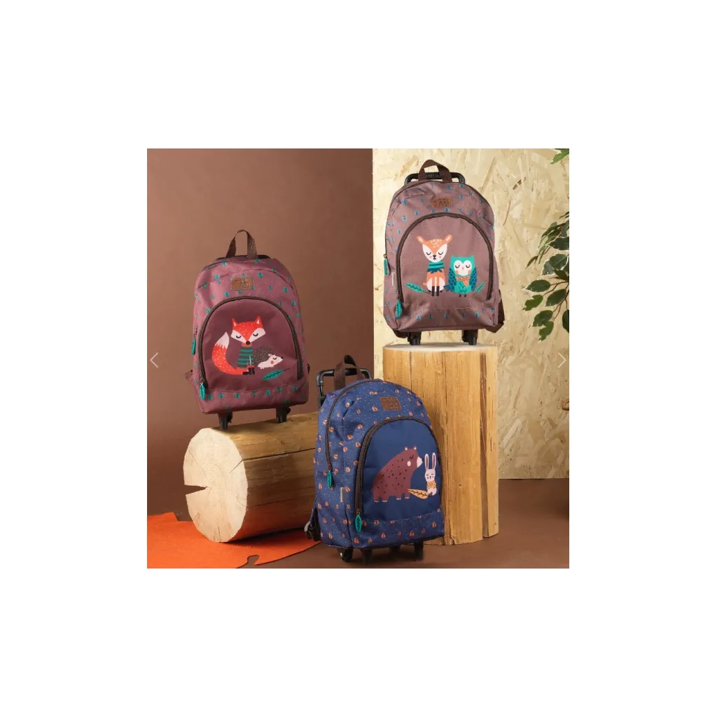 Detský batoh na kolieskach Perletti Green Owl & Fawn, ekologický, odnímateľný vozík