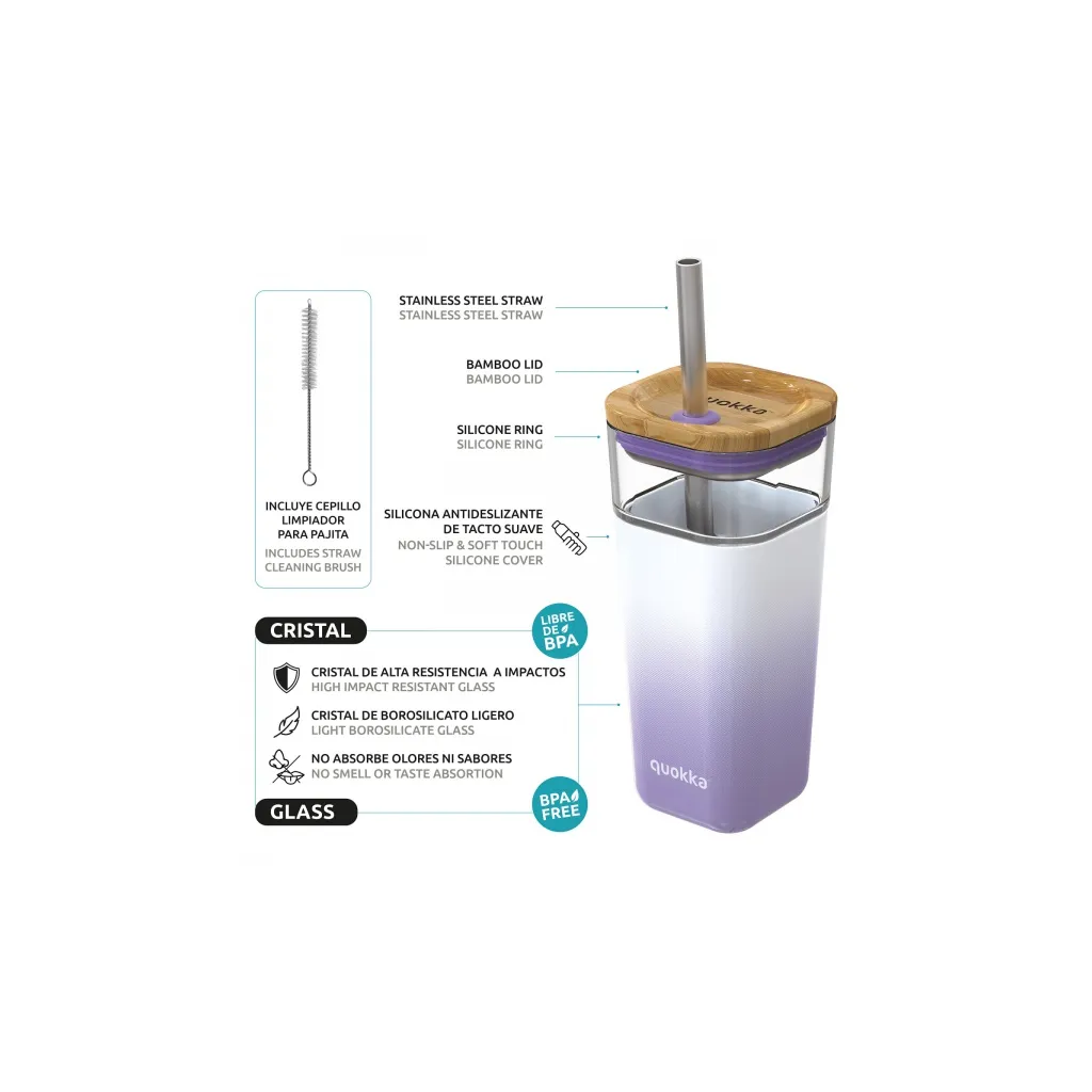 Quokka Cube, Sklenený pohár so silikónovým povrchom Cherries, 540ml, 40059