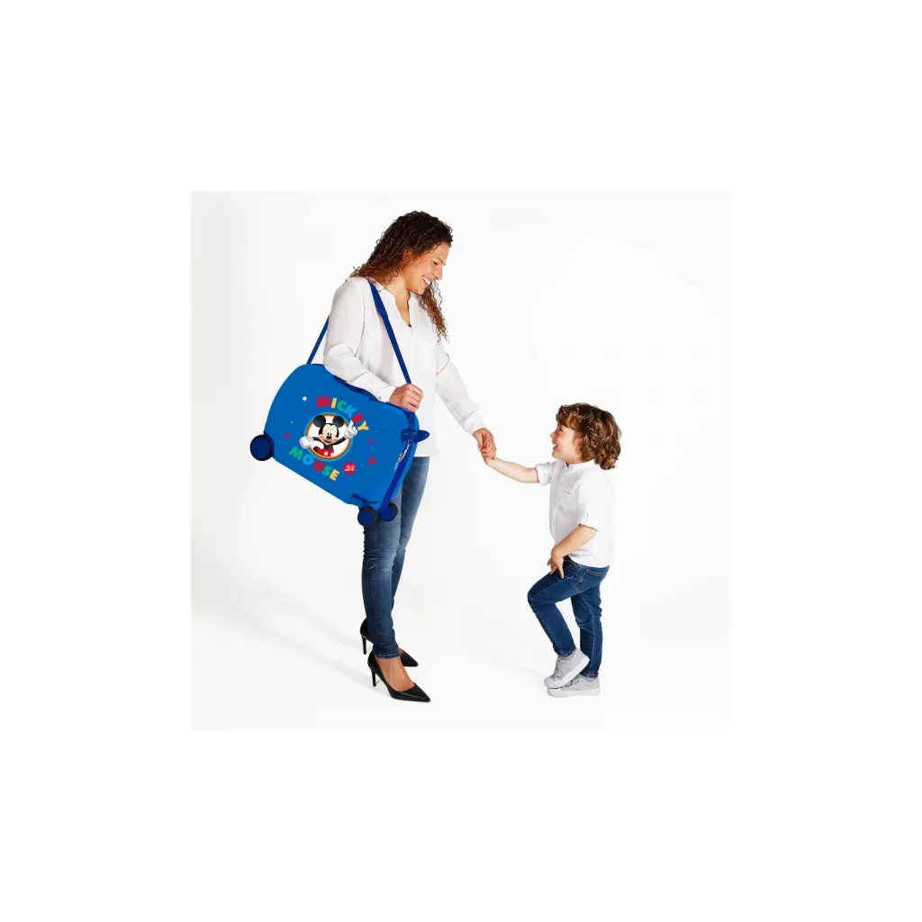 Detský cestovný kufor na kolieskach MICKEY MOUSE Circle Blue, 34L – 2 v 1 odrážadlo a kufor