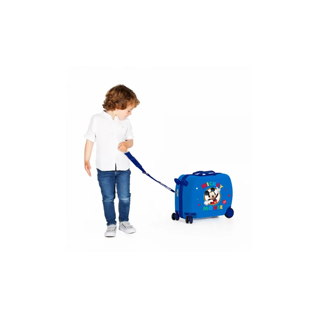 Detský cestovný kufor na kolieskach MICKEY MOUSE Circle Blue, 34L – 2 v 1 odrážadlo a kufor