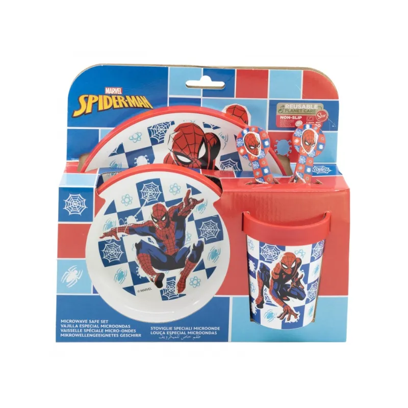 Detský plastový riad Spiderman (tanier, miska, pohár, príbor), 74785