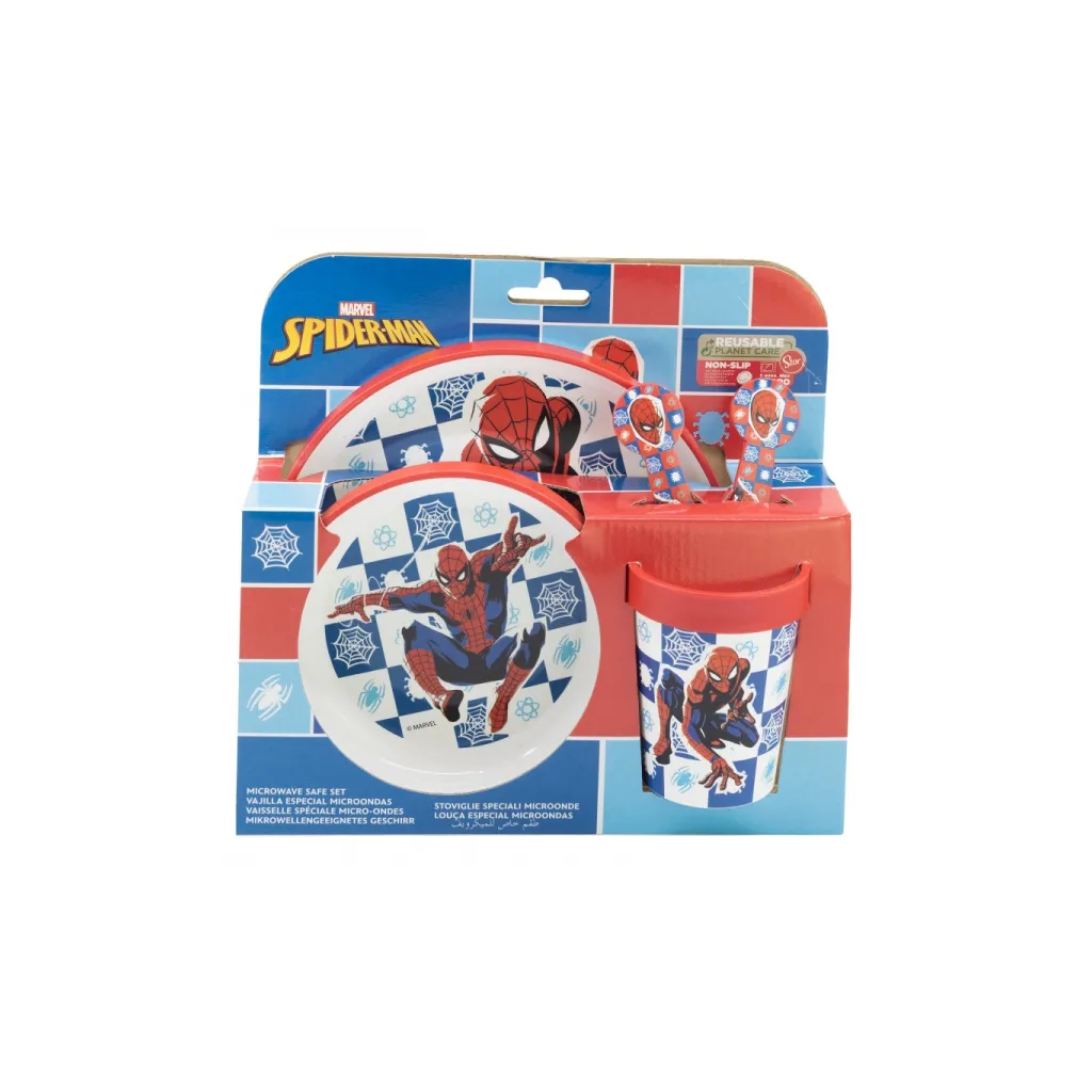 Detský plastový riad Spiderman (tanier, miska, pohár, príbor), 74785