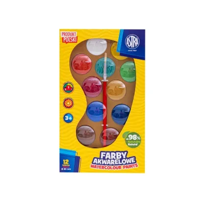 Vodové barvy Astra 12 barev, průměr 30mm, zlatá paleta + štětec, 302123003