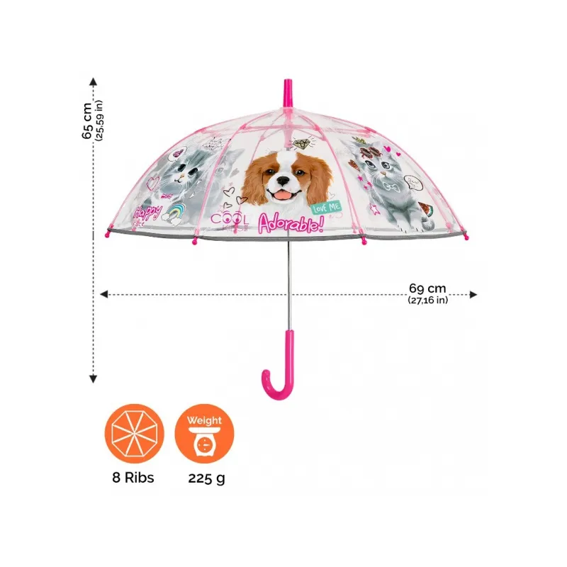 Detský reflexný dáždnik Perletti Cool Kids, Pets Transparent, 15635 Detský reflexný dáždnik Perletti Cool Kids, Pets Transparent, 15635