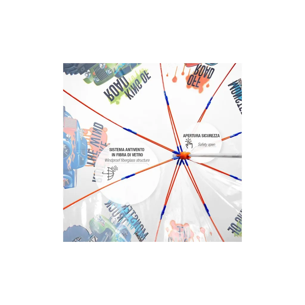 Detský reflexný dáždnik Perletti Cool Kids Trucks Transparent – bezpečný a štýlový pre deti