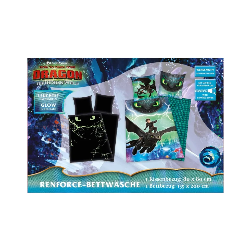Svítící bavlněné povlečení Jak Vycvičit Draka, 140/200+70/90