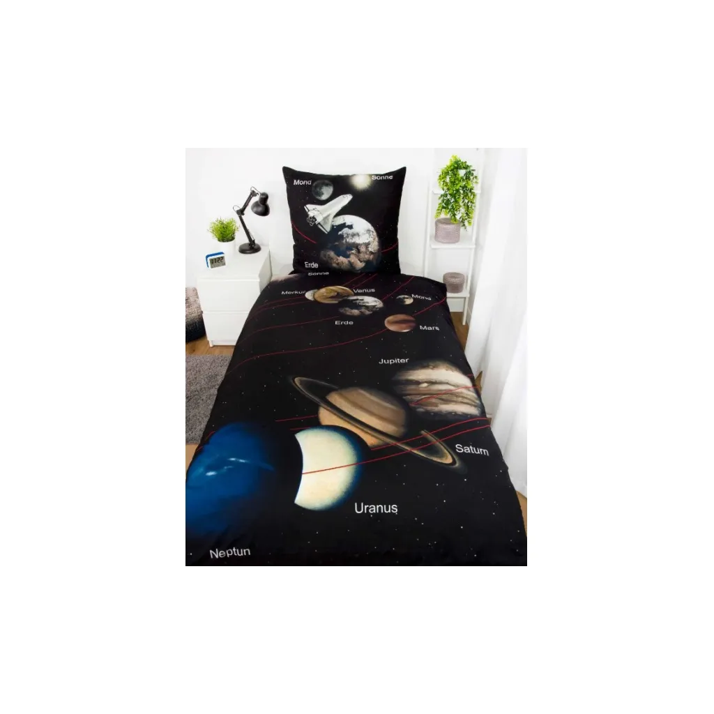 Oboustranné bavlněné povlečení SLUNEČNÍ SOUSTAVA, 140/200+70/90