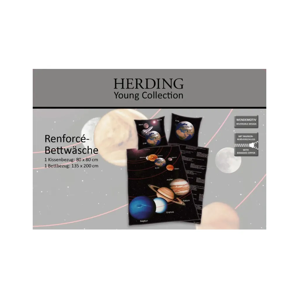 Oboustranné bavlněné povlečení SLUNEČNÍ SOUSTAVA, 140/200+70/90