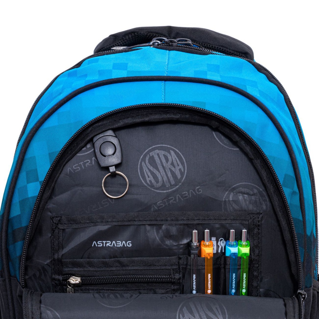 Školský batoh AstraBAG BLUE PIXEL AB300 – 3 komory, notebook, ergonomický