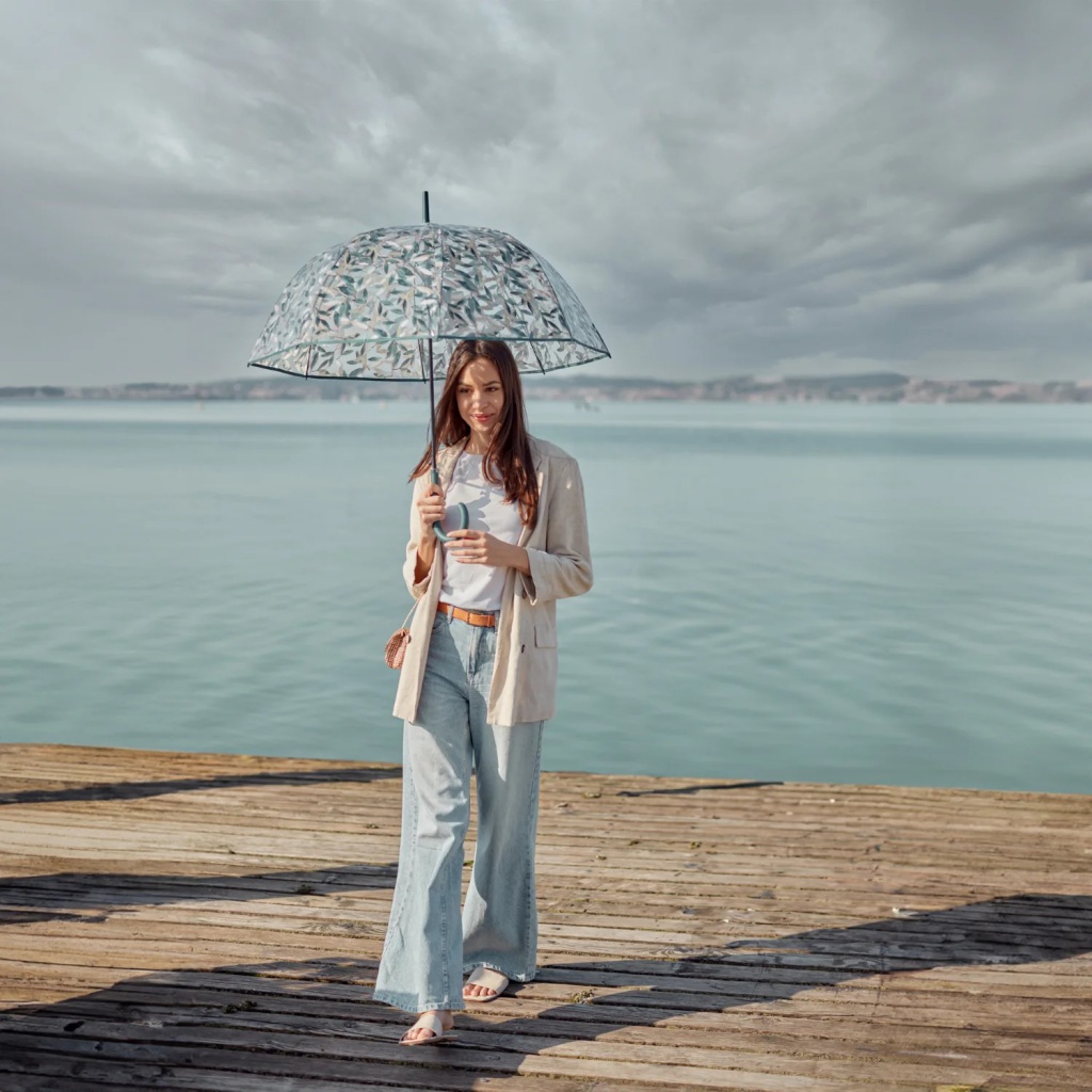 Dámský průhledný deštník s motivem zelených listů Perletti, 61cm, 26388