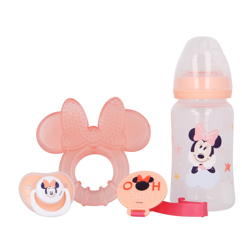 DISNEY BABY 4 dielny darčekový set  MINNIE MOUSE (fľaša, hryzátko, cumlík a držiak), 13108