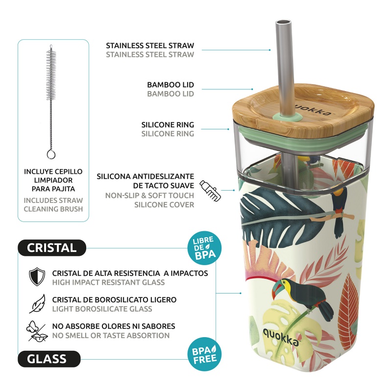 QUOKKA Cube, Skleněná sklenice se silikonovým povrchem TOUCANS, 540ml, 40056 QUOKKA Cube, Skleněná sklenice se silikonovým povrchem TOUCANS, 540ml, 40056