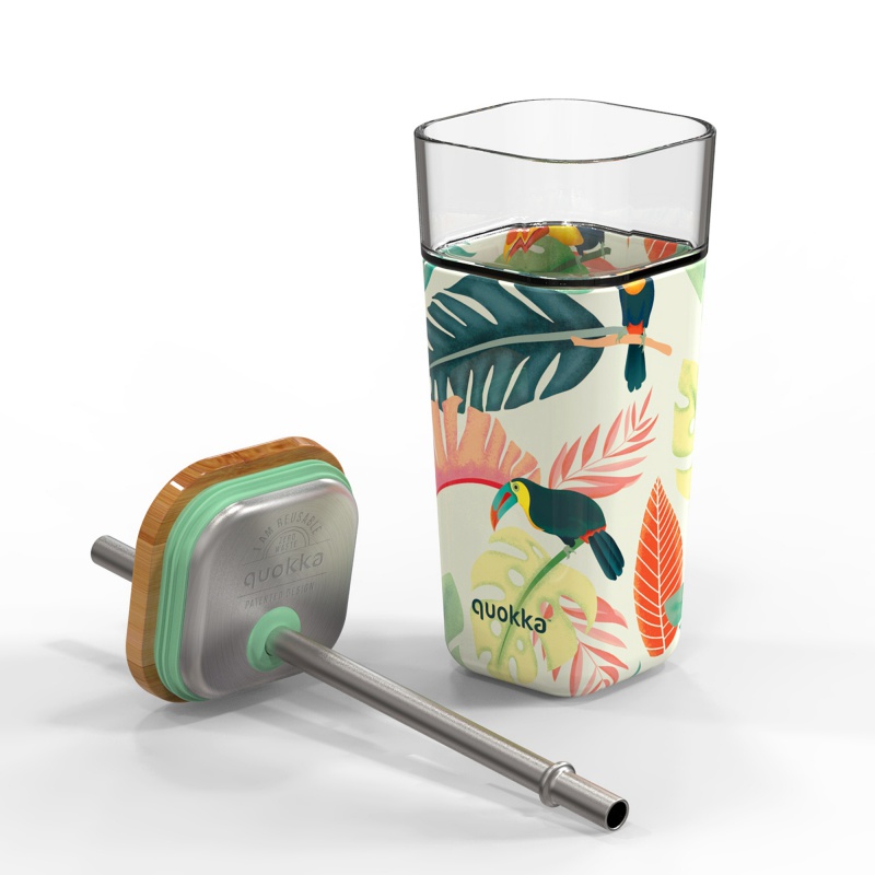 QUOKKA Cube, Skleněná sklenice se silikonovým povrchem TOUCANS, 540ml, 40056 QUOKKA Cube, Skleněná sklenice se silikonovým povrchem TOUCANS, 540ml, 40056