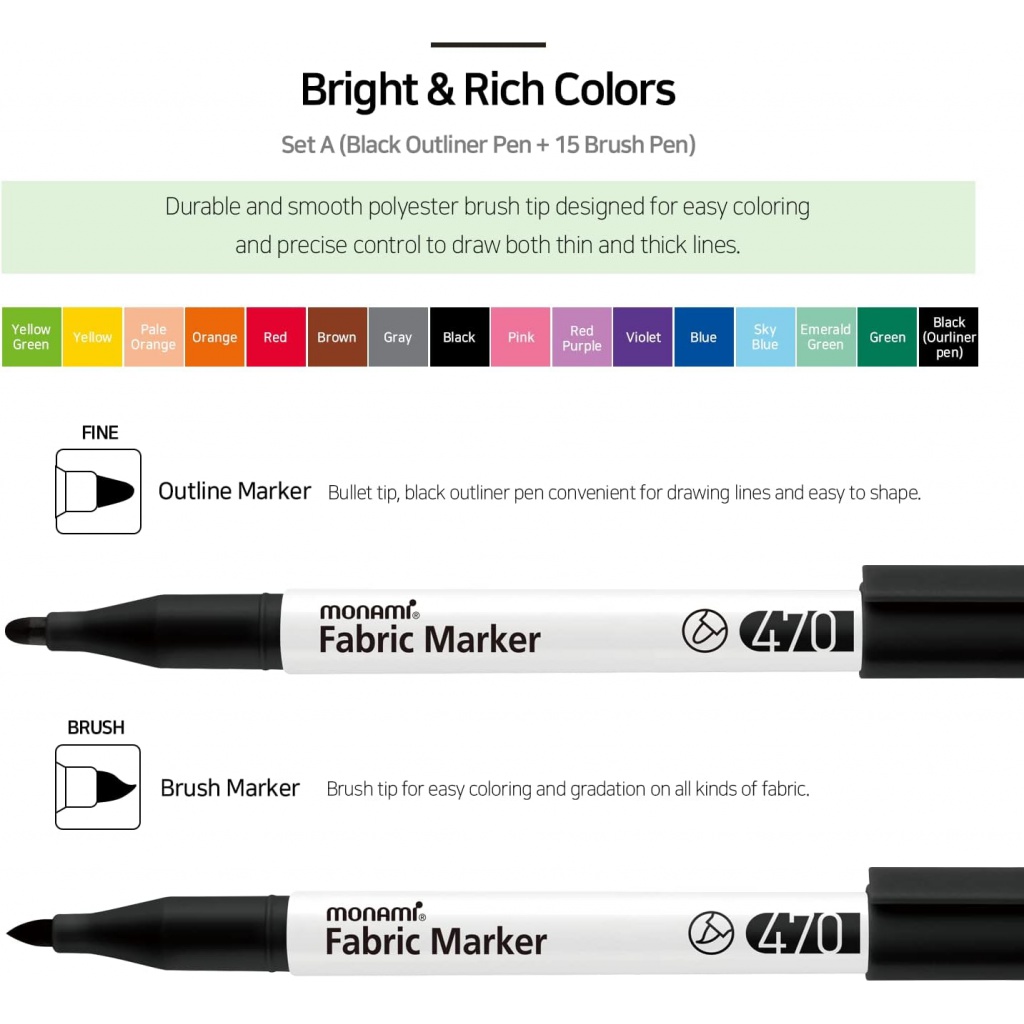 MONAMI Sada popisovačů na textil FABRIC MARKER 470, 15+1ks