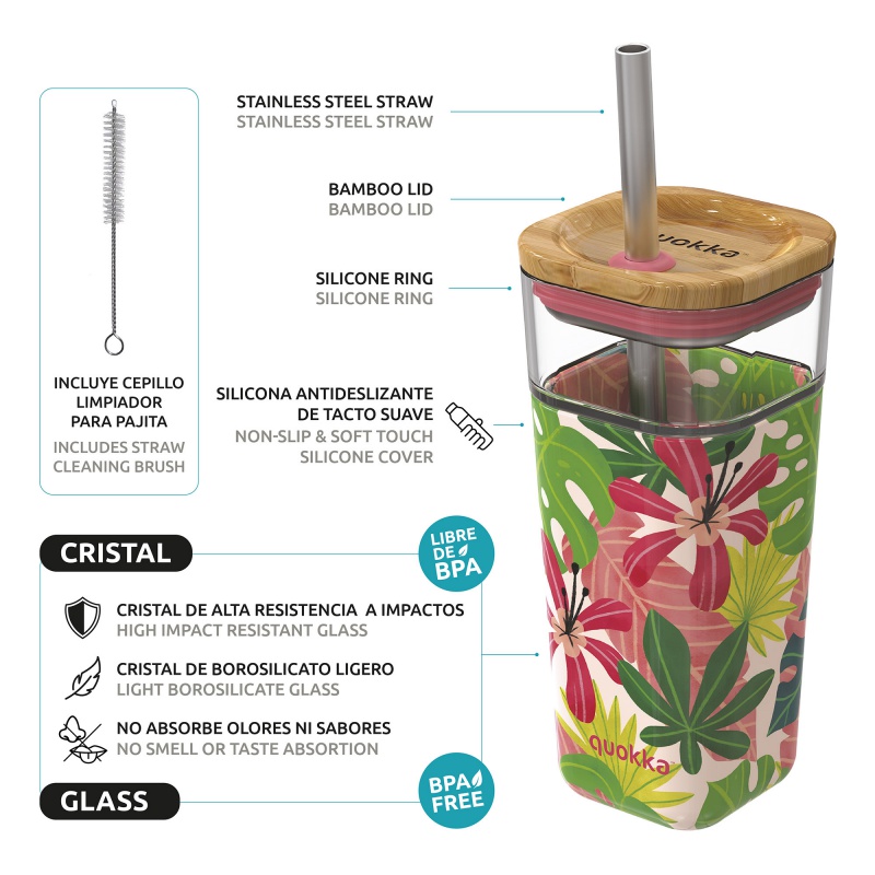 Quokka Cube, Skleněná sklenice se silikonovým povrchem Tropical Flow, 540ml, 40052 Quokka Cube, Skleněná sklenice se silikonovým povrchem Tropical Flow, 540ml, 40052