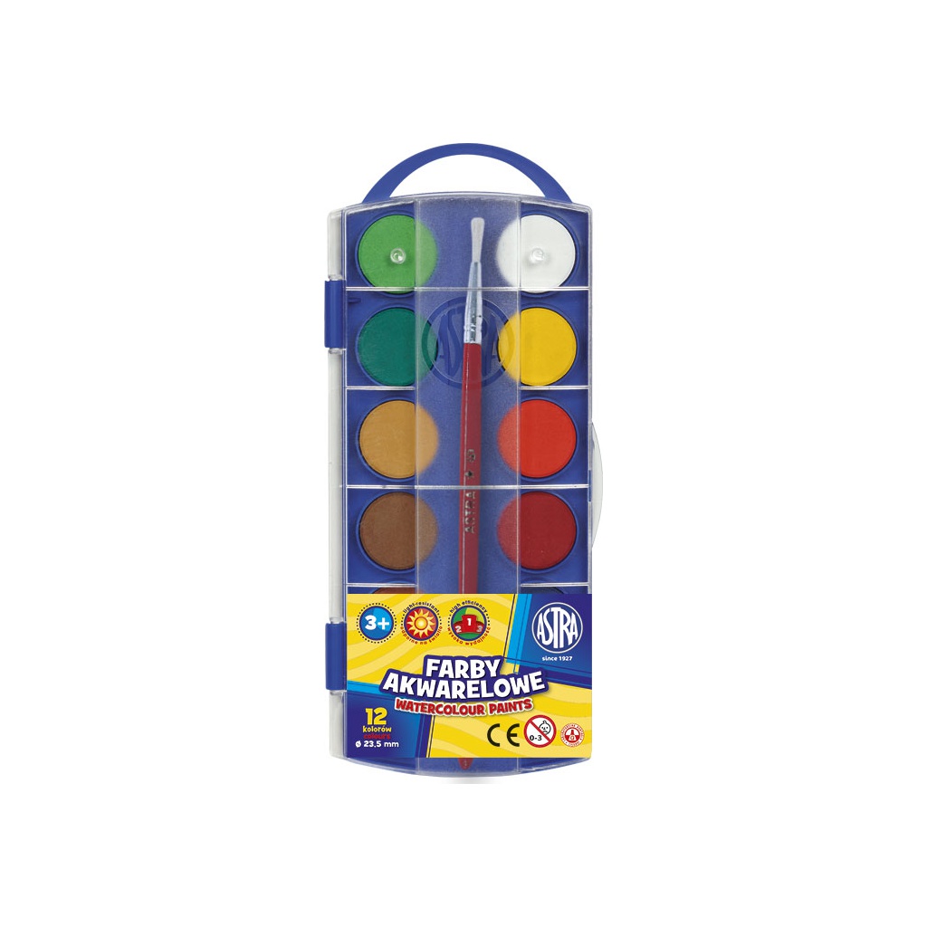 Vodové farby Astra 12 farieb + štetec, 23,5 mm – žiarivé a krycie