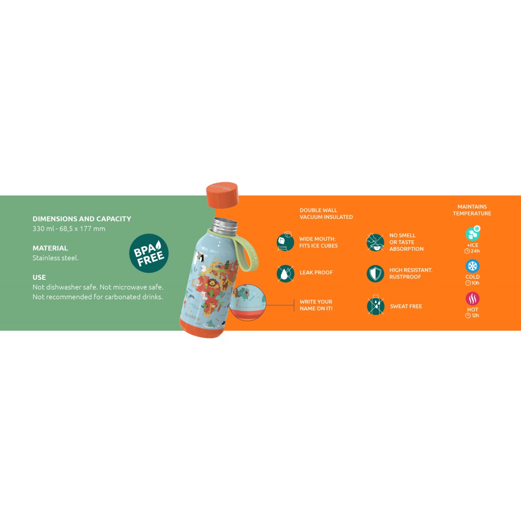 Quokka Kids Solid, Nerezová fľaša / termoska s pútkom Jungle, 330ml, 40145