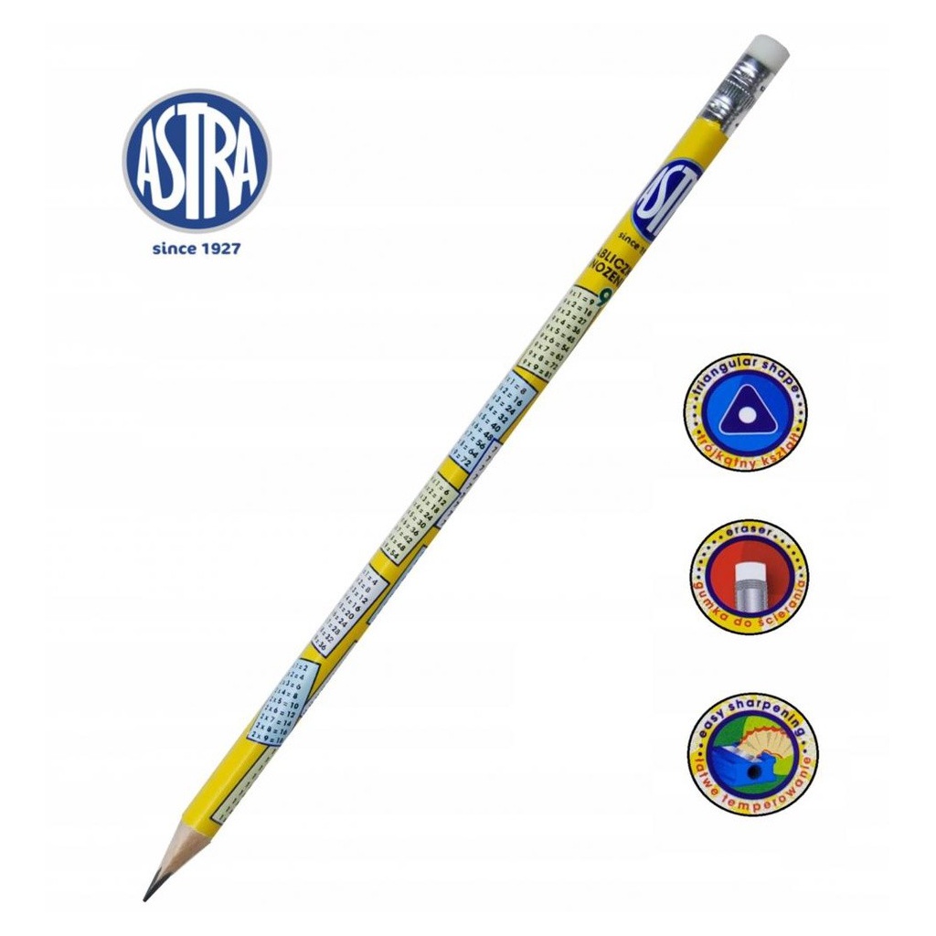 3ks - Obyčejná HB tužka s gumou a násobilkou Astra, blistr, 206121002