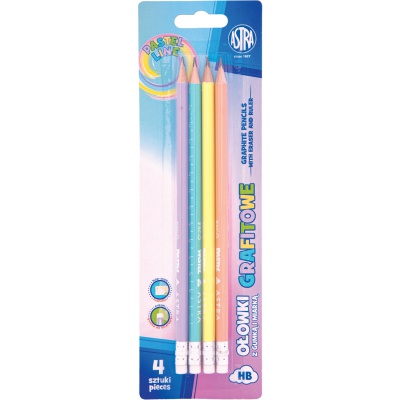 4ks - Obyčajná HB ceruzka s gumou a merítkom AstraPEN Pastel, blister, 206022030