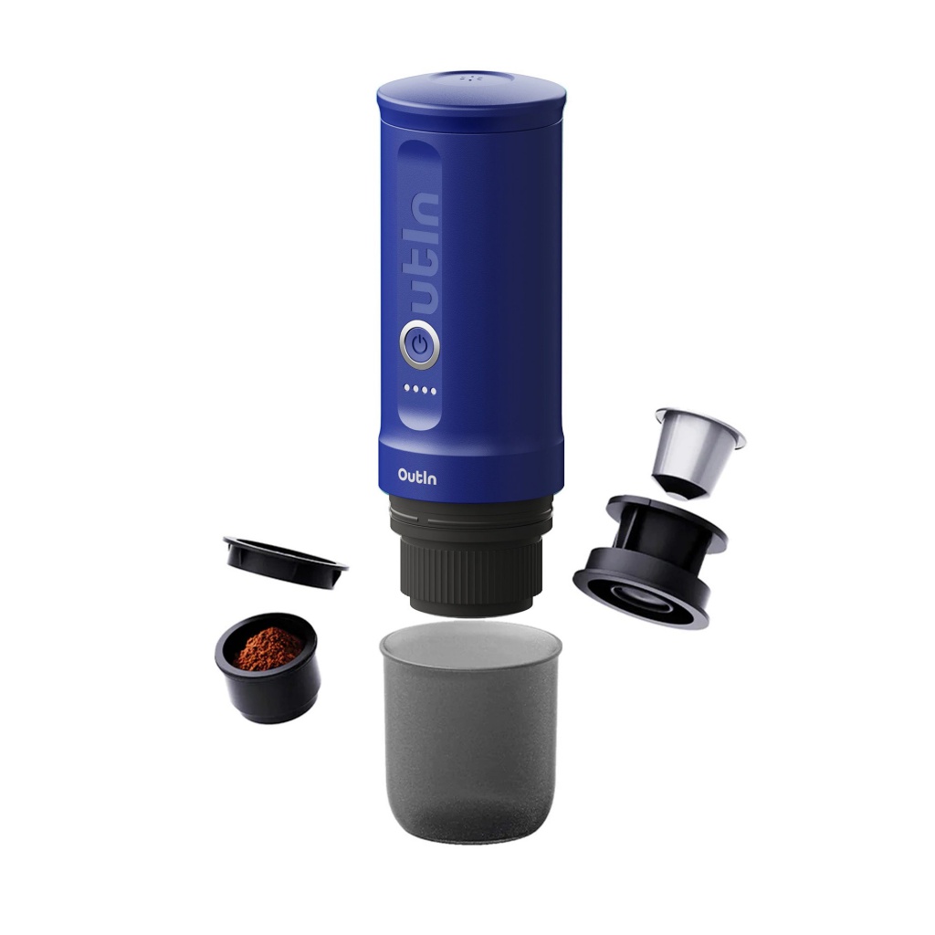 Outin Nano Portable Espresso Machine – Ocean Blue + cestovný obal – Prenosný kávovar s batériou a ohrevom vody