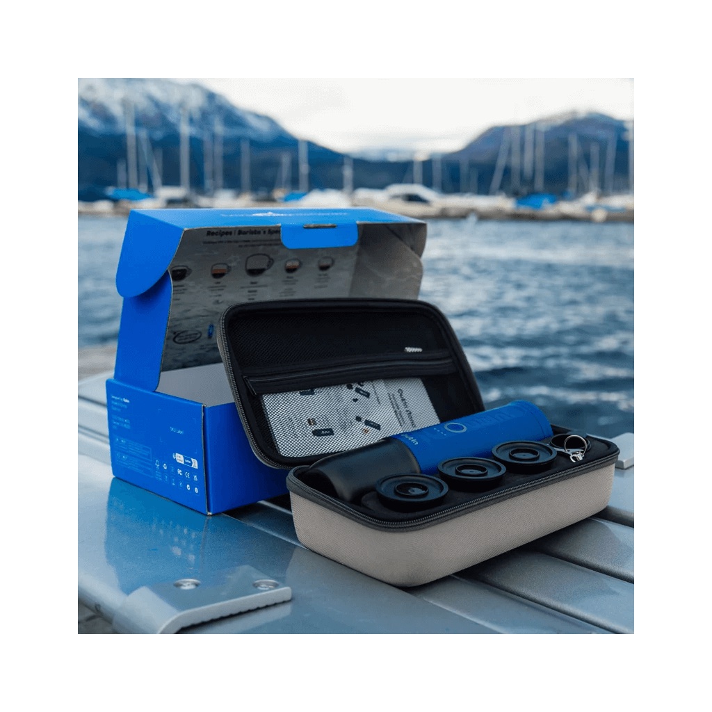 Outin Nano Portable Espresso Machine – Ocean Blue + cestovný obal – Prenosný kávovar s batériou a ohrevom vody