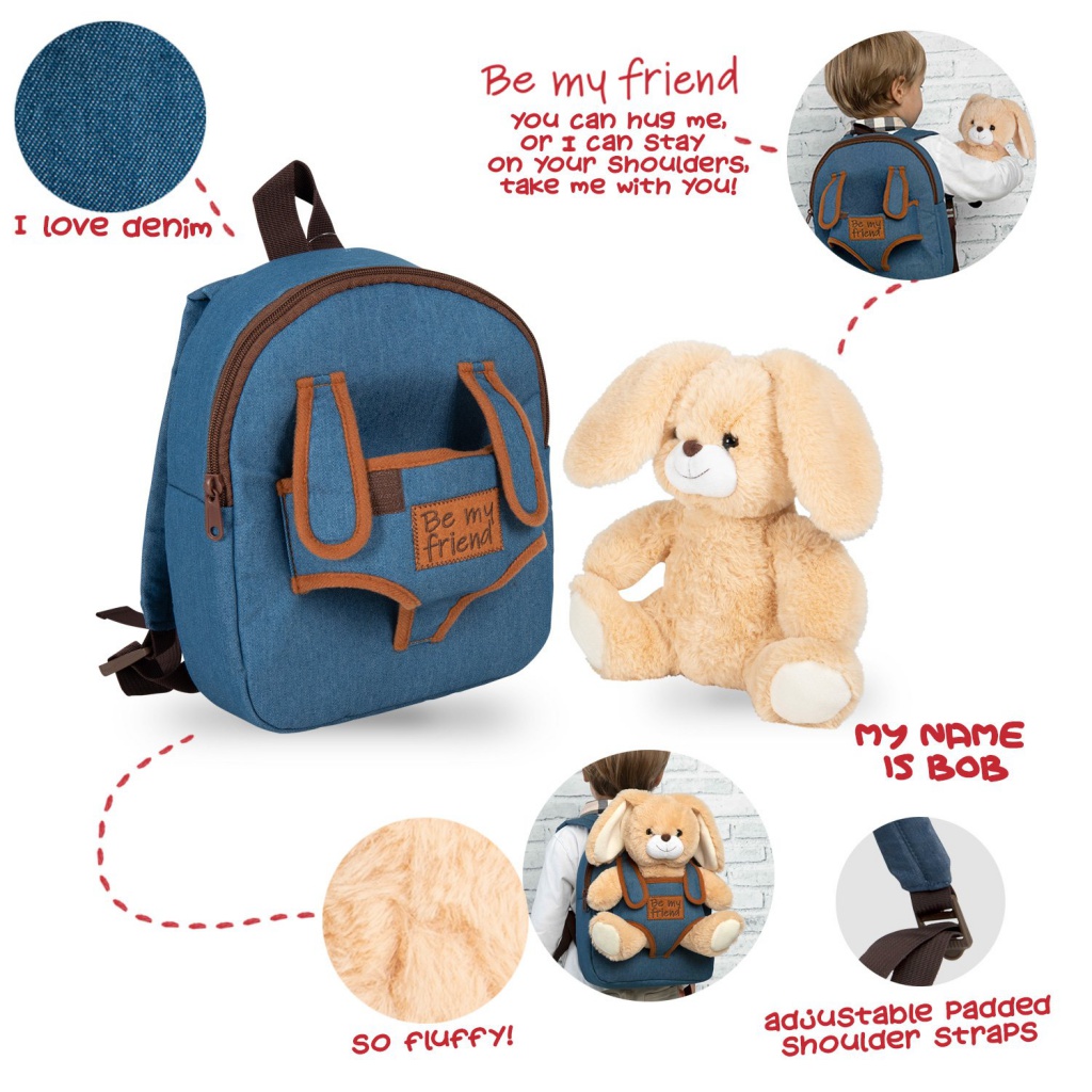 BE MY FRIEND, Dětský denimový batoh s odnímatelnou hračkou ZAJÍČEK, 13035