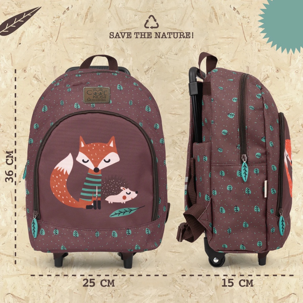 Dětský batoh na kolečkách Perletti Green, Fox & Hedgehog 14403