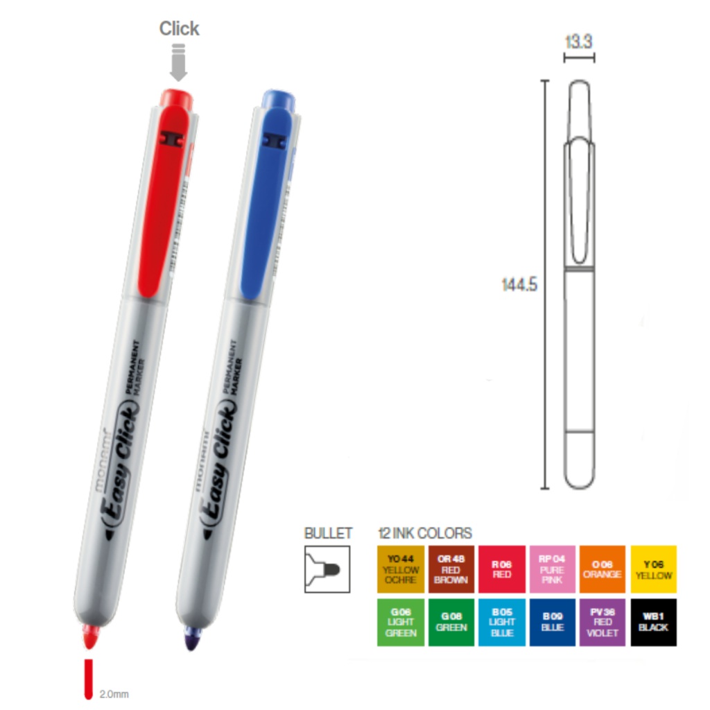 Sada permanentních popisovačů Monami Easy Click - 12ks, 2 mm