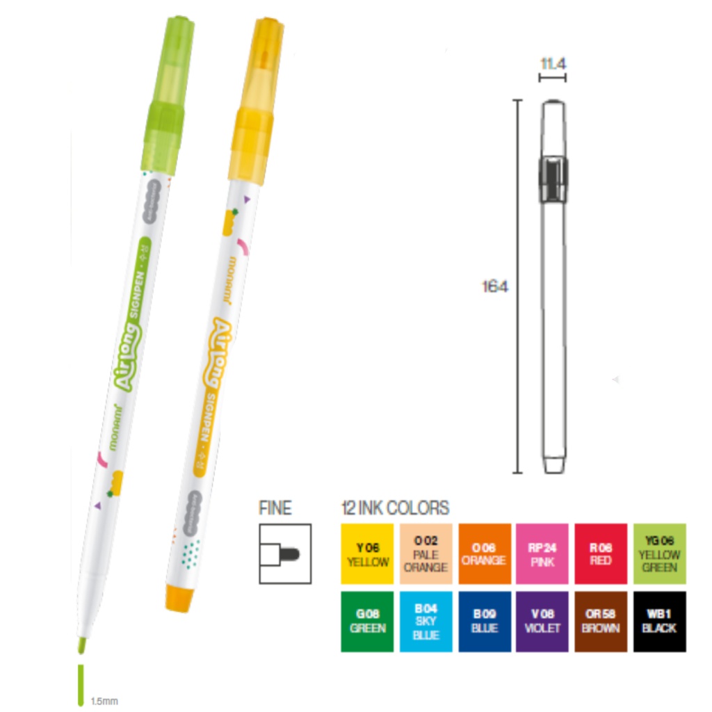 Nevysychající barevné fixy Monami Sign Pen Air Long, 1,5mm, 12 barev