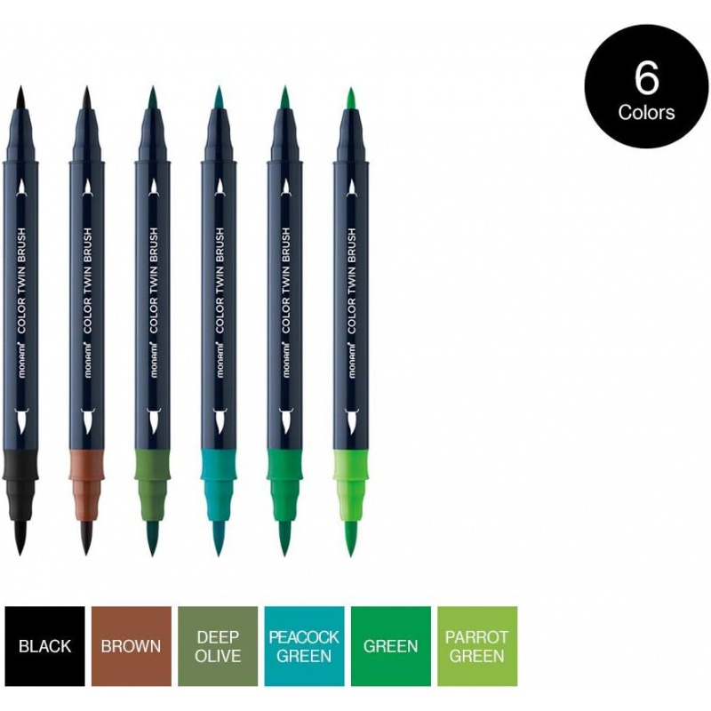 Sada popisovačů pro kaligrafii a ilustrace Monami Color Twin Brush - Forest set, 6ks Sada popisovačů pro kaligrafii a ilustrace Monami Color Twin Brush - Forest set, 6ks