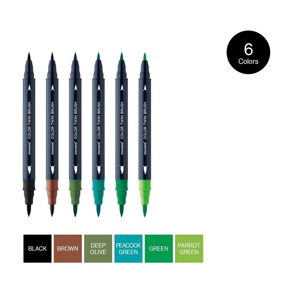 Sada popisovačov na kaligrafiu a ilustrácie Monami Color Twin Brush - Forest set, 6ks