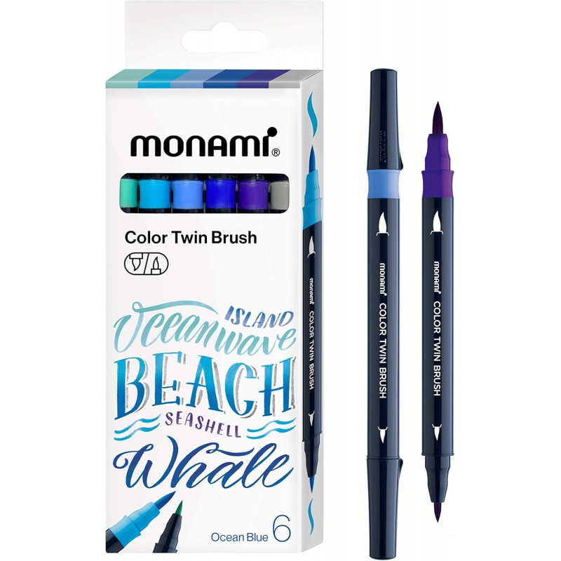Sada popisovačov na kaligrafiu a ilustrácie Monami Color Twin Brush - Ocean Blue set, 6ks Sada popisovačov na kaligrafiu a ilustrácie Monami Color Twin Brush - Ocean Blue set, 6ks